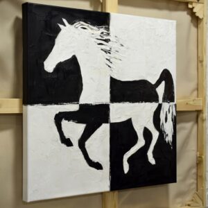 D Minimalist Black White Horse Canvas, Handmade Textured Abstract Equestrian Painting, Contemporary Square Decor for Office
