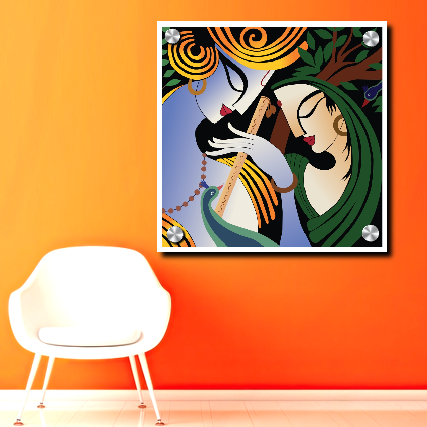 Lord Radha Krishna with Flute Modern Art Painting | Radha Krishna Painting Acrylic Wall Photo 4 Lord Radha Krishna with flute Acrylic Painting- Lord Krishna playing bansuri (flute) with Radha rani