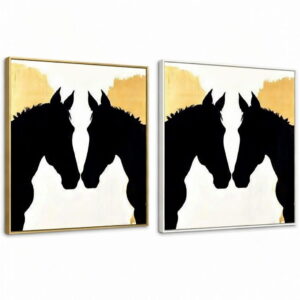 Modern Horse Silhouette Hand Made Canvas Wall Painting in white and golden frame