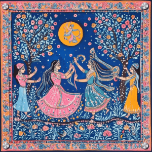 Radha Krishna Raas Leela Madhubani Acrylic Wall Art Painting for home decor