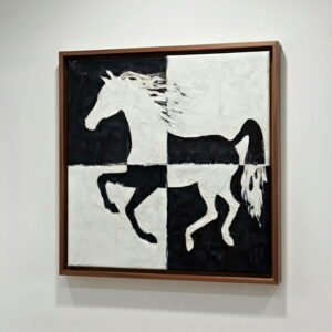 Running Horse Black & White Hand Made Canvas Wall Painting brown frame