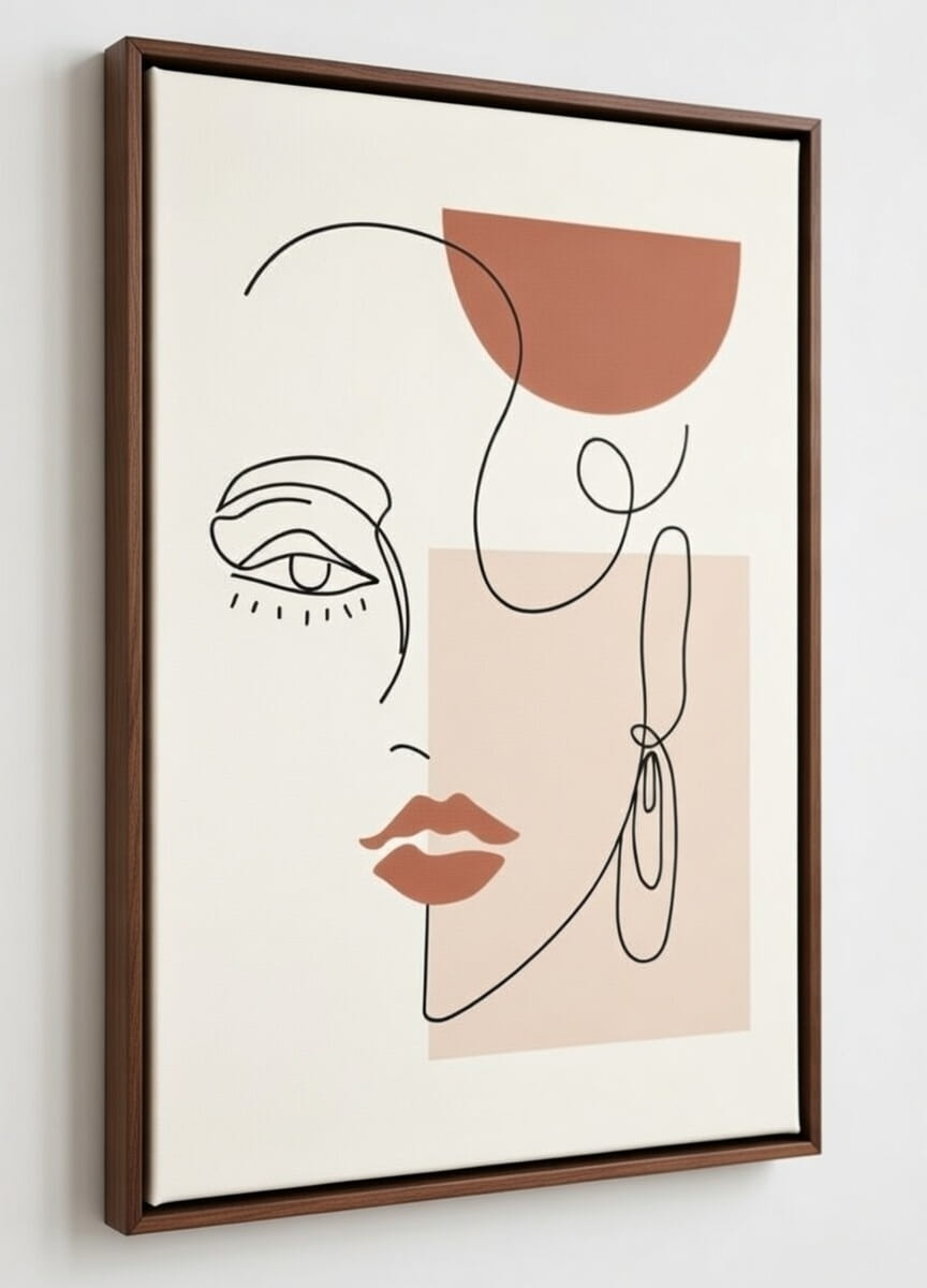 Handmade Abstract Woman Face Line Art Painting On Canvas | Modern Art Canvas Wall Painting For Gift 5 Abstract Woman Face Line Art Painting On Canvas in brown frame
