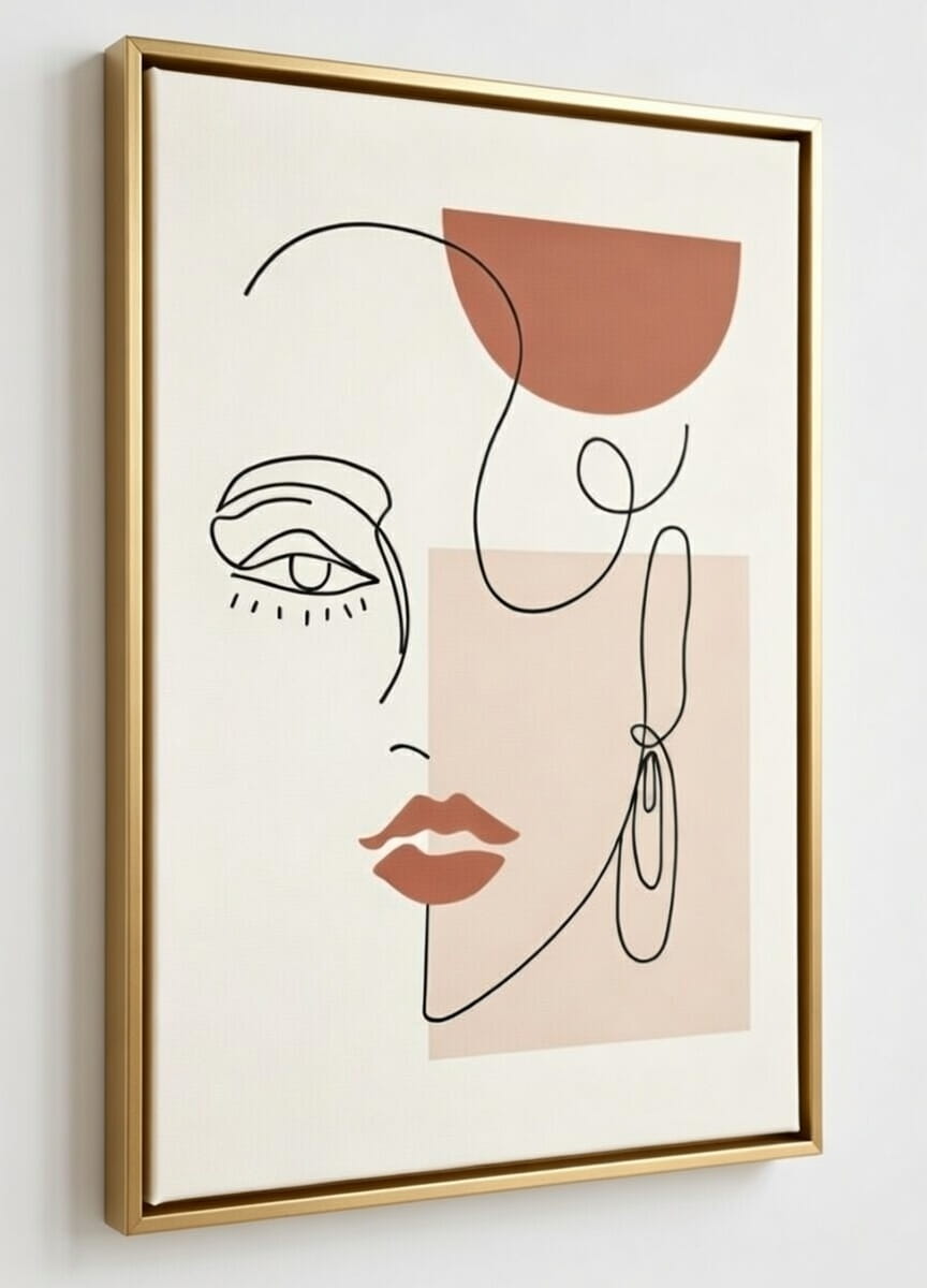 Handmade Abstract Woman Face Line Art Painting On Canvas | Modern Art Canvas Wall Painting For Gift 6 Abstract Woman Face Line Art Painting On Canvas in golden frame