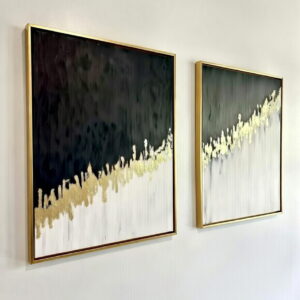 Black And White Abstract Wall Art Set Of 2 Handmade Canvas Painting | Modern Abstract Wall Art 13 Black And White Abstract Wall Art Set Of 2 Handmade Canvas Painting in golden floater frame