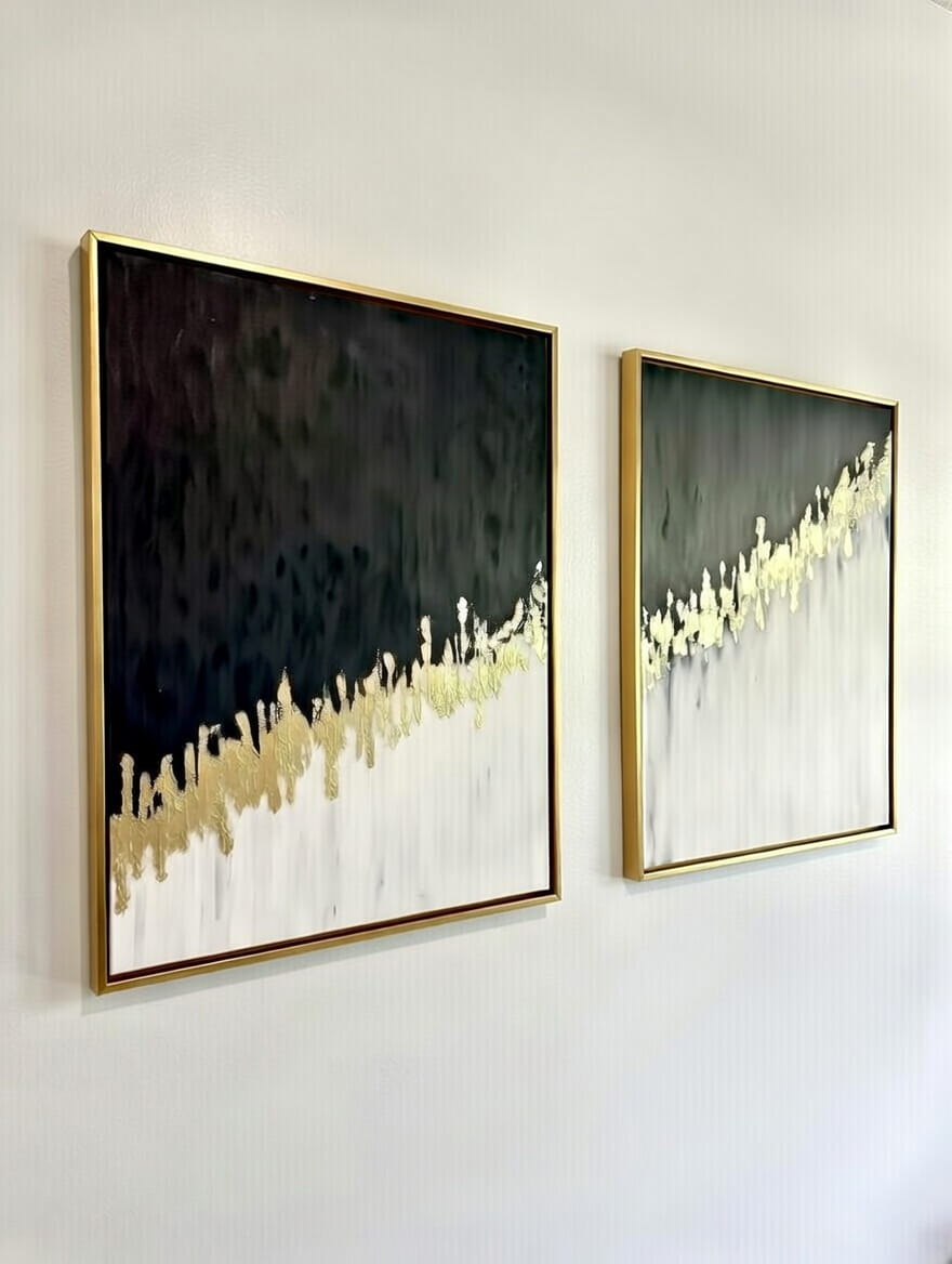 Black And White Abstract Wall Art Set Of 2 Handmade Canvas Painting | Modern Abstract Wall Art 5 Black And White Abstract Wall Art Set Of 2 Handmade Canvas Painting in golden floater frame