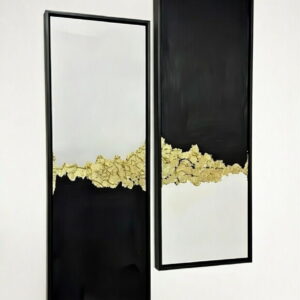 Handmade Canvas Paintings Set of 2 Elegant Black, White & Gold Modern Abstract Wall Art in black frame