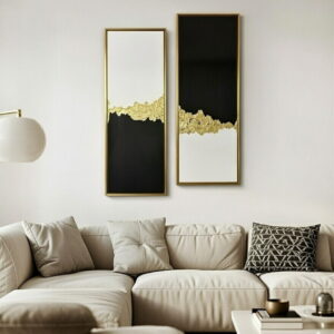 Handmade Canvas Paintings Set of 2 Elegant Black, White & Gold Modern Abstract Wall Art in black frame option2