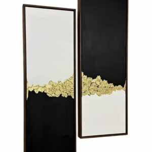 Handmade Canvas Paintings Set of 2 Elegant Black, White & Gold Modern Abstract Wall Art in brown frame