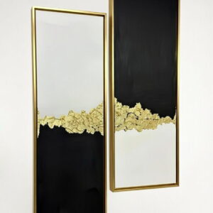 Handmade Canvas Paintings Set of 2 Elegant Black, White & Gold Modern Abstract Wall Art in golden frame