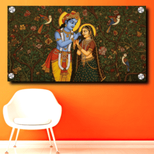 Radha Krishna Painting – Divine Love in an Enchanted Garden of Flowers and Bird Acrylic Wall Art