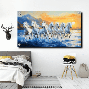 Seven running white horses wall painting acrylic photo frame for bed room