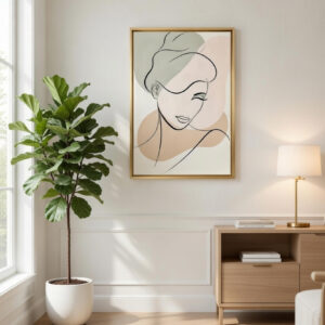 Hand Painted Wall Art Modern Art Girl Face in golden floater frame on the wall
