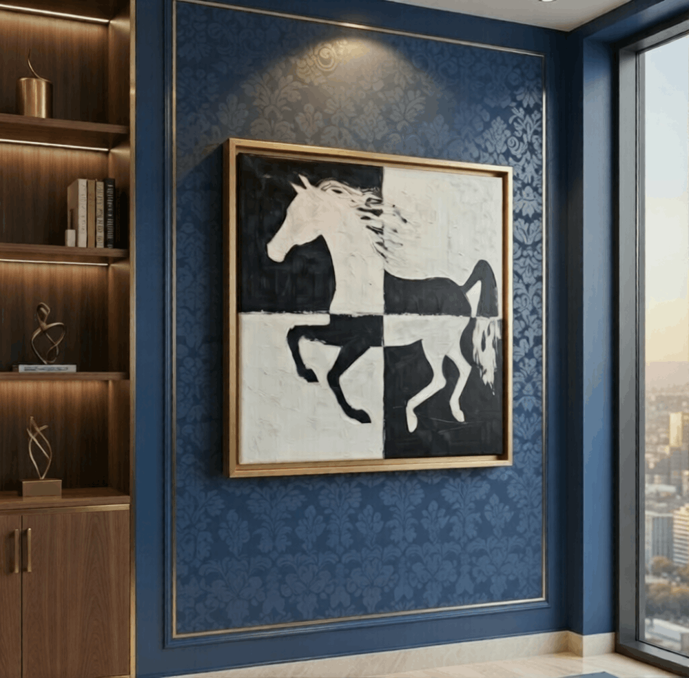 Running Horse Black and White Hand painted wall art Canvas Wall Painting golden floater frame