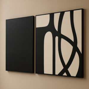 Set Of 2 Abstract Paintings Black And White Handmade Canvas Painting in black floater frame