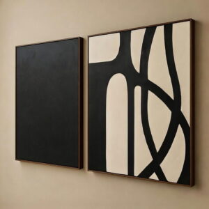 Set Of 2 Abstract Paintings Black And White Handmade Canvas Painting in brown floater frame