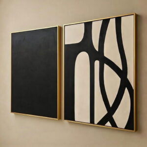 Set Of 2 Abstract Paintings Black And White Handmade Canvas Painting in golden floater frame